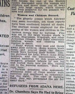 خبر منتشر شده در روزنامه‌ مبتنی بر چگونگی زنده زنده سوزاندن زنان و کودکان ارمنی،روزنامه نیویورک تایمز ۲۷ نوامبر۱۹۱۵