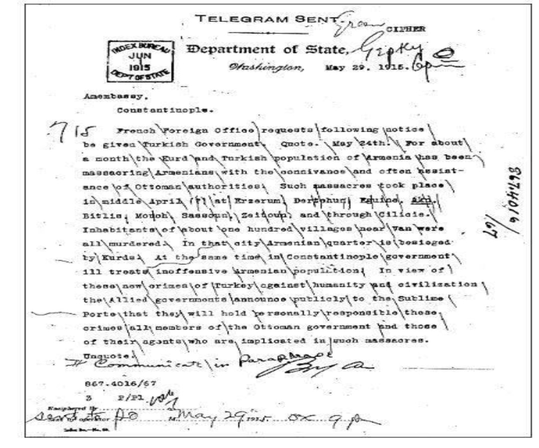 اعلاميه مشترک متفقین در 24 ماه مه 1915 اولين و مهمترين سند شناخت بين المللی نسل کشی ارمنيان