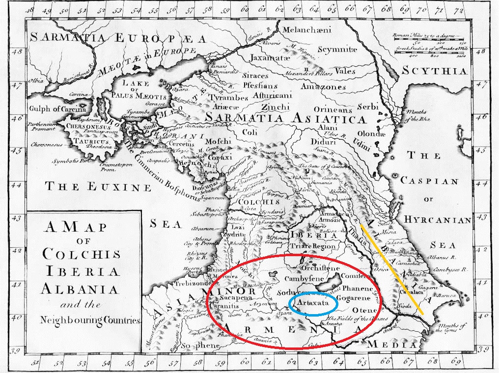 نقشه قفقاز، لیباکس هنری،1729م آلبانیا(خط زرد)، آرتساخ(دایره آبی) در داخل مرزهای ارمنستان(دایره قرمز)،مشخص است