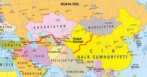 بر روی نقشه زير که در ترکيه ترسيم شده اين هدف به شکل يک خط قرمز به سمت استان های اويغور چين هدايت می شود (نقشه 2).